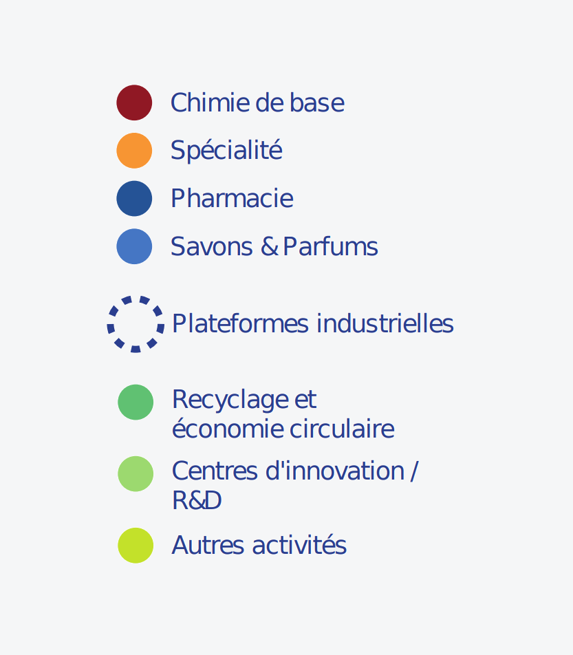 Légende de la carte des activités de la chimie dans le Grand-Est